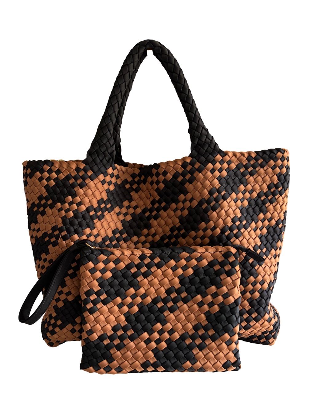 Antonio Melani Large Woven Neoprene Tote Bag W/Matching Wristlet Black & Camel